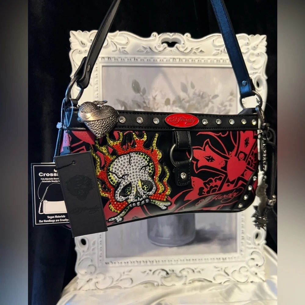 ❤️☠️Ed Hardy Black & Red Rhinestone Skull ☠️ Shoulder Bag☠️NWT❤️